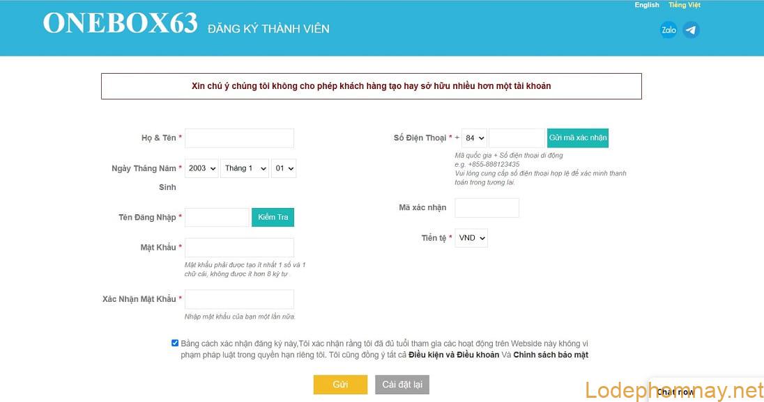 Trang đăng ký thành viên onebox63 giao diện máy tính