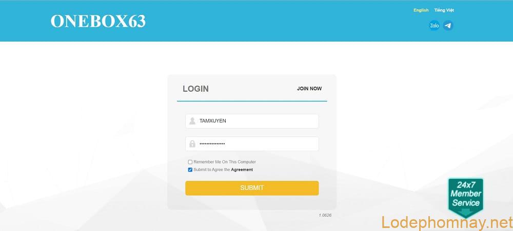 Giao diện đăng nhập Onebox63